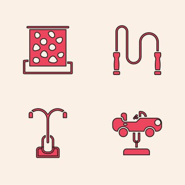 Swing arabasını, tırmanma duvarını, atlama ipini ve sokak lambası ikonunu ayarlayın. Vektör