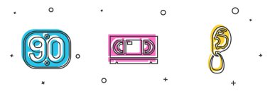 90 'ların Retro' sunu, VHS video kasetini ve kulaklık simgesini ayarla. Vektör