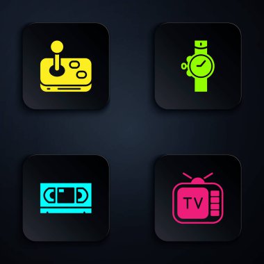 Retro TV, Joystick, VHS video kaset ve bilek saatini ayarla. Siyah kare düğme. Vektör