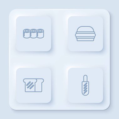 Suşi, Burger, kızarmış ekmek ve Hotdog sandviçi. Beyaz kare düğme. Vektör
