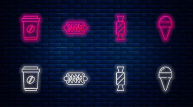Hotdog sandviçi, Candy, kahve fincanı ve dondurmayı waffle külahında hazırla. Tuğla duvarda parlayan neon simgesi. Vektör