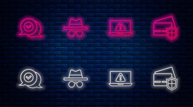 Hat Incognito modunu ayarla, ünlem işaretli dizüstü bilgisayar, konuşma balonu ve kredi kartı kalkanını kontrol et. Tuğla duvarda parlayan neon simgesi. Vektör