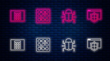 Satır Grafik şifre korumasını, Sistem hatasını, Parola ve tarayıcıyı kalkanla ayarla. Tuğla duvarda parlayan neon simgesi. Vektör