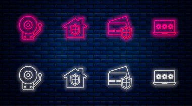 Hat evini koruma altına alın, kalkanlı kredi kartı, alarm zili ve dizüstü bilgisayar şifresi. Tuğla duvarda parlayan neon simgesi. Vektör