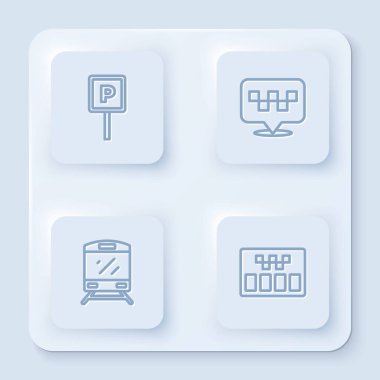 Hat parkı, taksi, tren ve taksimetre ile yer belirleyin. Beyaz kare düğme. Vektör