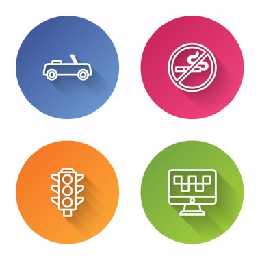 Hat arabası, sigara içilmez, trafik lambası ve bilgisayar taksi servisini arayın. Renkli daire düğmesi. Vektör