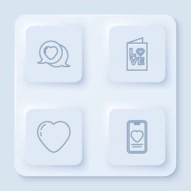 Heart 'ı konuşma balonunda belirle, Sevgililer Günü partisi broşüründe ve online flört uygulamasında ve sohbette. Beyaz kare düğme. Vektör