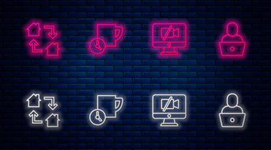 Hat Zamanı Yönetimi, Bilgisayar Kamerası, Çevrimiçi Çalışan ve Serbest Çalışan. Tuğla duvarda parlayan neon simgesi. Vektör