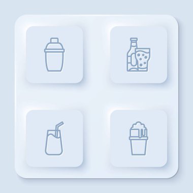 Kokteyl karıştırıcı, bira şişesi, bardak ve bir bardak bira. Beyaz kare düğme. Vektör