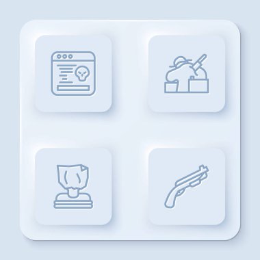 Hat dinleme, cinayet, adam kaçırma ve polis tüfeği. Beyaz kare düğme. Vektör