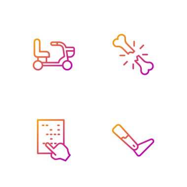 Protez bacak, körler alfabesi, elektrikli sandalye ve kırık kemik. Renk simgeleri. Vektör