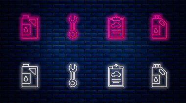 Halat anahtarı, araba denetimi, motor yağı için teneke kutu ve... Tuğla duvarda parlayan neon simgesi. Vektör