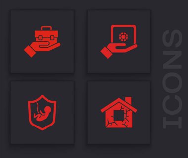 House 'u ayarlayın, el çantası, güvenli el ve kalkan ikonlu hayat sigortası. Vektör