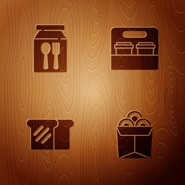 Erişteleri kutuya koy, internetten sipariş ver, ekmekli tost ve kahve fincanı ahşap arka planda olsun. Vektör
