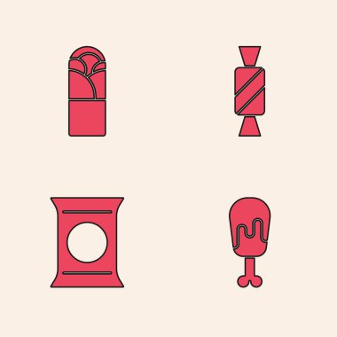 Tavuk budu, Doner kebabı, Şeker ve Poşet veya paket patates cipsi ikonu. Vektör