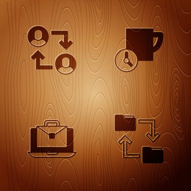 Bulut depolama belgesi dizinini, Proje ekibi üssünü, Çevrimiçi çalışma ve Zaman yönetimini tahta arka planda ayarla. Vektör