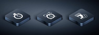 Isometric Stopwatch, Vitamin hapı ve Alarm saat simgesini ayarla. Vektör