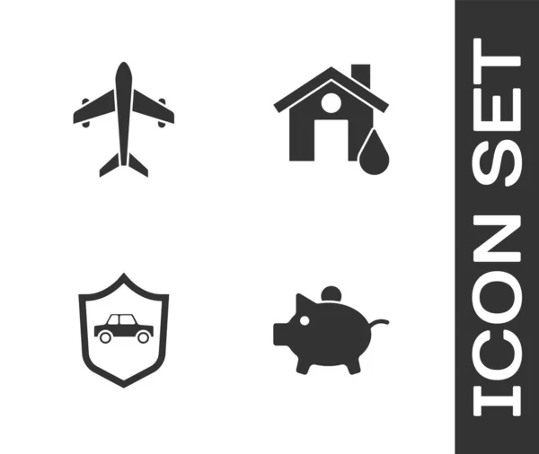 Встановити Piggy Bank Plane Car Shield House Flood Icon Вектор — стоковий вектор