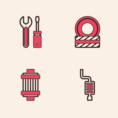 Araba susturucusu, tornavida ve İngiliz anahtarı, tekerlek ve hava filtresi simgesini ayarla. Vektör