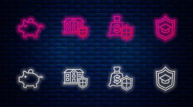 Rozetli, paralı, kumbaralı ve mezuniyet şapkalı bir ev ayarla. Tuğla duvarda parlayan neon simgesi. Vektör