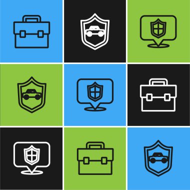 Evrak çantası, konum kalkanı ve ikonlu araba ayarlayın. Vektör