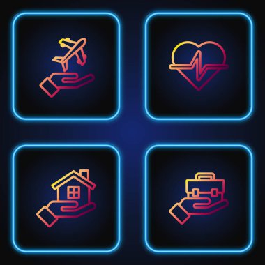 El ele tutuşan evrak çantası, ev işi, uçak ve hayat sigortası. Renk simgeleri. Vektör