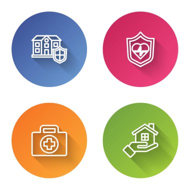 House 'a kalkan, hayat sigortası, ilk yardım çantası ve el ayarla. Renkli daire düğmesi. Vektör