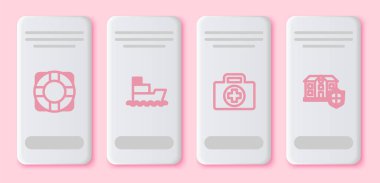 Lifebuoy, Ship, ilk yardım çantası ve House 'u kalkan olarak ayarla. Beyaz dikdörtgen düğme. Vektör