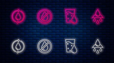 Hattı su düşüşü yasaklandı, bardakta su, temiz su geri dönüşümü ve... Tuğla duvarda parlayan neon simgesi. Vektör