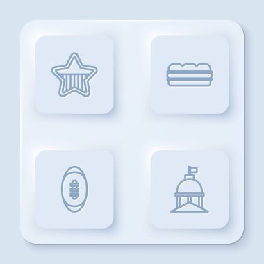 ABD Bağımsızlık Günü, Sandviç, Amerikan Futbolu ve Beyaz Saray. Beyaz kare düğme. Vektör