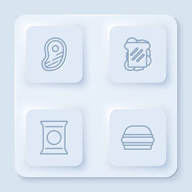 Biftek, sandviç, torba ya da patates cipsi ve hamburger. Beyaz kare düğme. Vektör