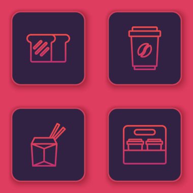 Ekmek tostu, Asya eriştesi ve yemek çubuğu, kahve fincanı ve... Mavi kare düğme. Vektör