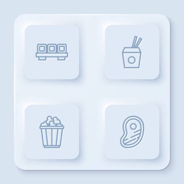 Suşi, Asya eriştesi, yemek çubuğu, patlamış mısır kutusu ve biftek. Beyaz kare düğme. Vektör