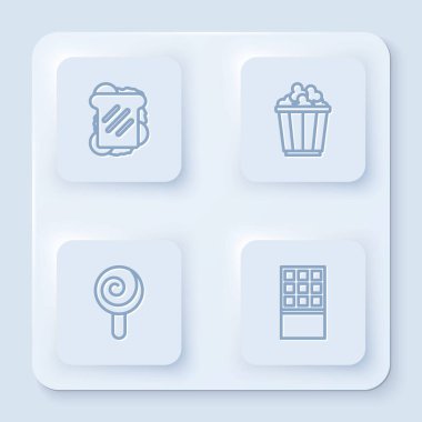 Çizgili sandviç, kutuda patlamış mısır, lolipop ve çikolata. Beyaz kare düğme. Vektör