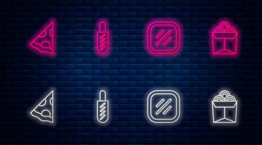 Hotdog sandviçi, biftek, pizza dilimi ve erişte. Tuğla duvarda parlayan neon simgesi. Vektör
