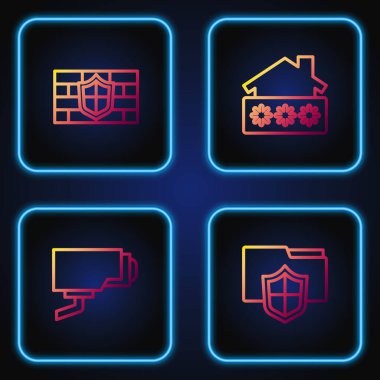 Dosya koruması, güvenlik kamerası, tuğla duvarlı kalkan ve evin şifresini ayarla. Renk simgeleri. Vektör