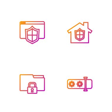 Satır Parola Koruması, Dizin ve Kilit, Kalkanlı Tarayıcı ve Altında Ev. Renk simgeleri. Vektör