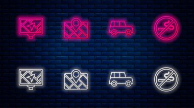 GPS cihazını harita, araba ve sigara içilmeyecek şekilde ayarla. Tuğla duvarda parlayan neon simgesi. Vektör