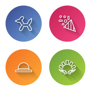 Sıra Balon Köpeği, Şenlik Konfetisi, Palyaço Şapkası ve El oyun kartları. Renkli daire düğmesi. Vektör