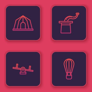 Sirk çadırı, tahterevalli, büyücü şapkası ve sıcak hava balonu. Mavi kare düğme. Vektör