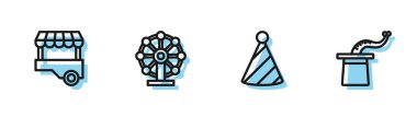 Parti şapkası, Fast Street yemek arabası, dönme dolap ve sihirbaz ikonu. Vektör