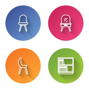 Sıralı sandalye, soyunma masası, Koltuk ve kütüphane kitaplığı. Renkli daire düğmesi. Vektör