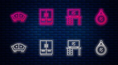 Gardırop dizisi, TV masası standı, kanepe ve ayna. Tuğla duvarda parlayan neon simgesi. Vektör