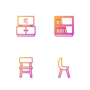 Koltuk, sandalye, televizyon masası ve kütüphane kitaplığı. Renk simgeleri. Vektör