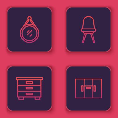 Ayna, mobilya sehpası, sandalye ve gardırop. Mavi kare düğme. Vektör