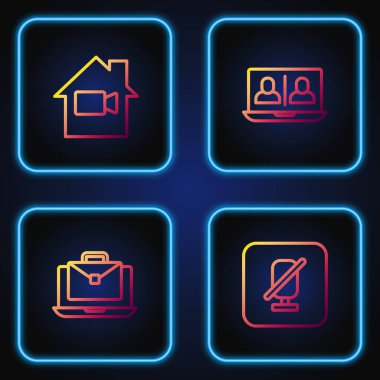 Çevrimiçi mikrofon, çevrimiçi çalışma, video kamera kapalı ev ve sohbet konferansı. Renk simgeleri. Vektör