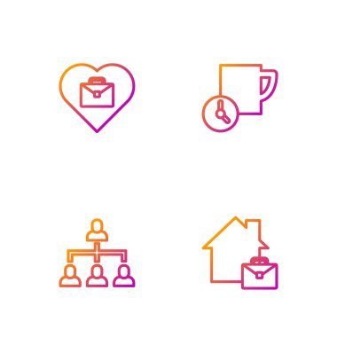 Çevrim içi çalışma, hiyerarşi organizogram şeması, metin ve zaman yönetimiyle kalp. Renk simgeleri. Vektör