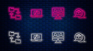 Kamerayı laptop 'a, sohbet konferansına, Cloud depolama dosyasına ve çevrimiçi çalışmaya ayarla. Tuğla duvarda parlayan neon simgesi. Vektör