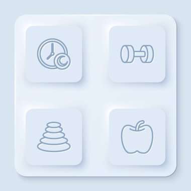 Yatma zamanı, Dumbbell, Stack sıcak taşlar ve Apple. Beyaz kare düğme. Vektör