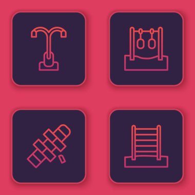 Sokak lambası, seksek, jimnastik yüzükleri ve İsveç duvarı. Mavi kare düğme. Vektör